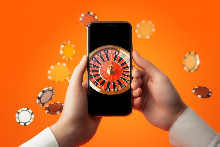 Pengguna menikmati hiburan mobile menggunakan smartphone di ruang santai dengan background cahaya hijau-warna neon